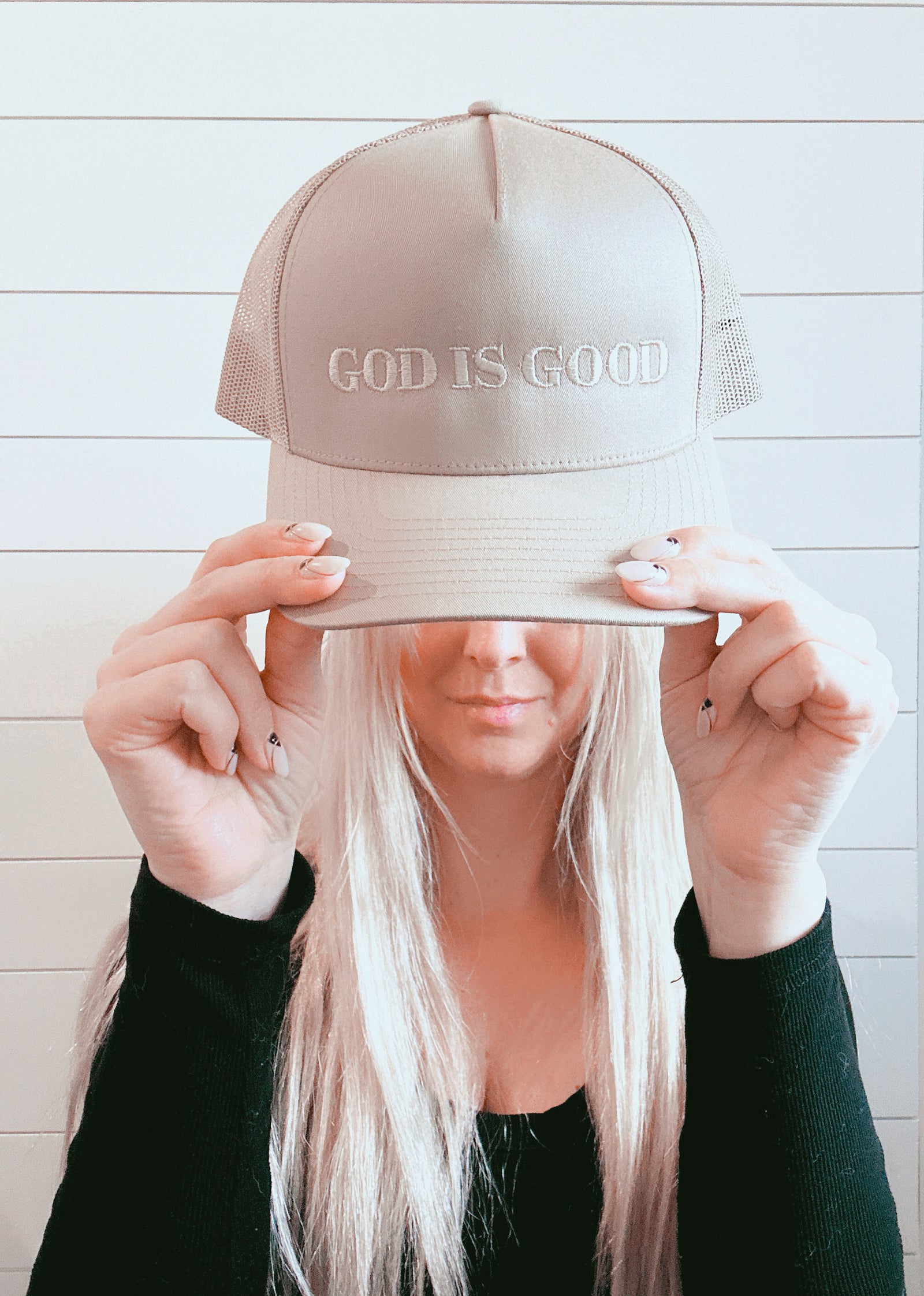 GOD IS GOOD Embroidered Trucker Hat - Beige
