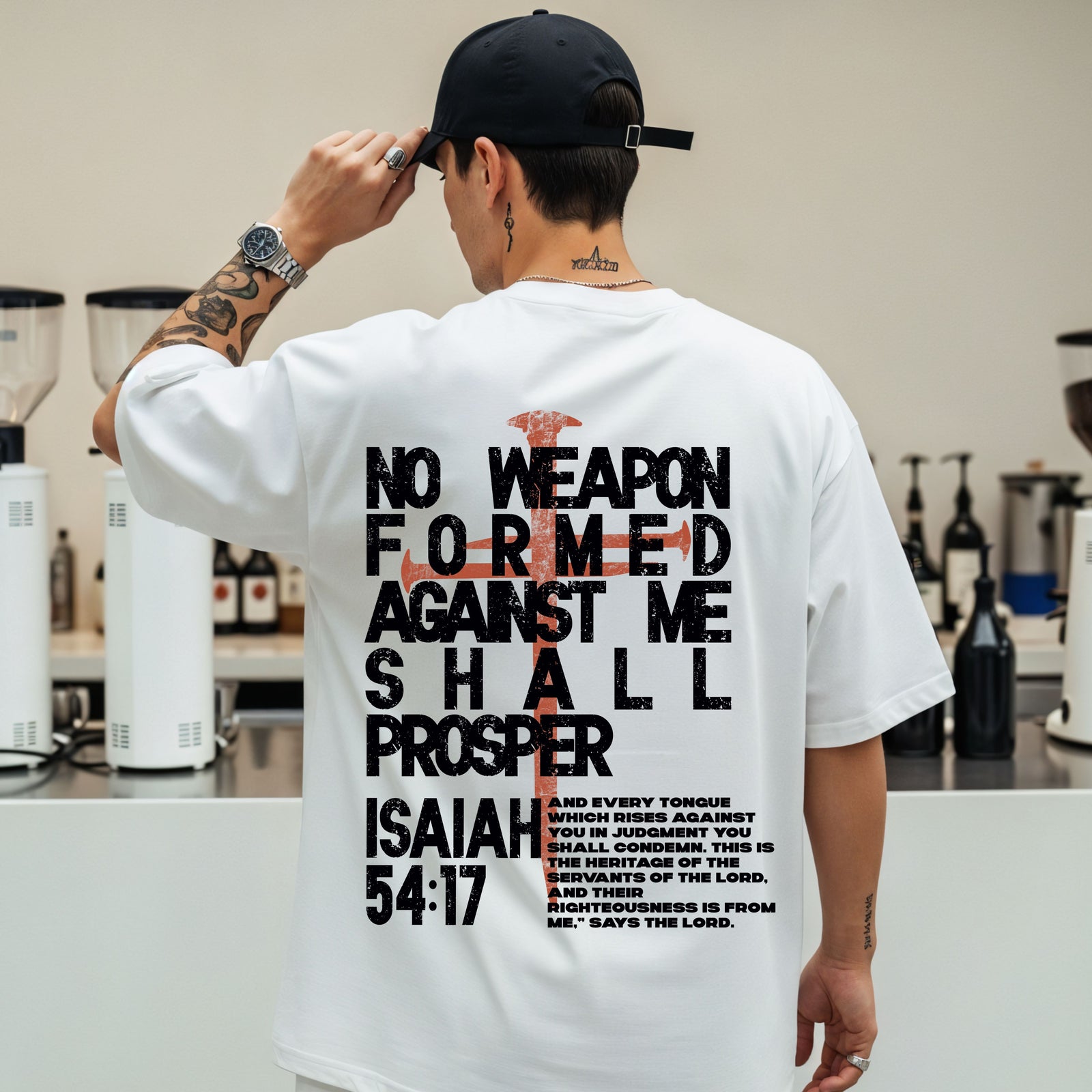 No Weapon Formed Against Me T-Shirt w/ front pocket design - White