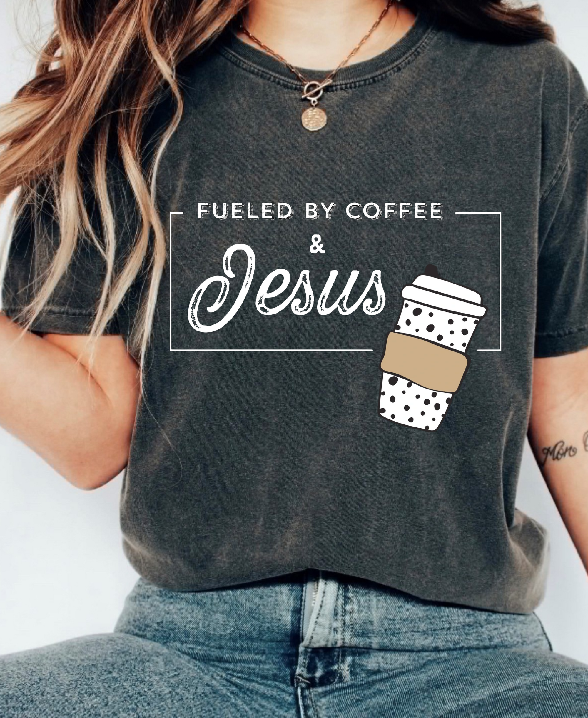 Fueled By Coffee & Jesus Vintage Style T-Shirt - Pepper