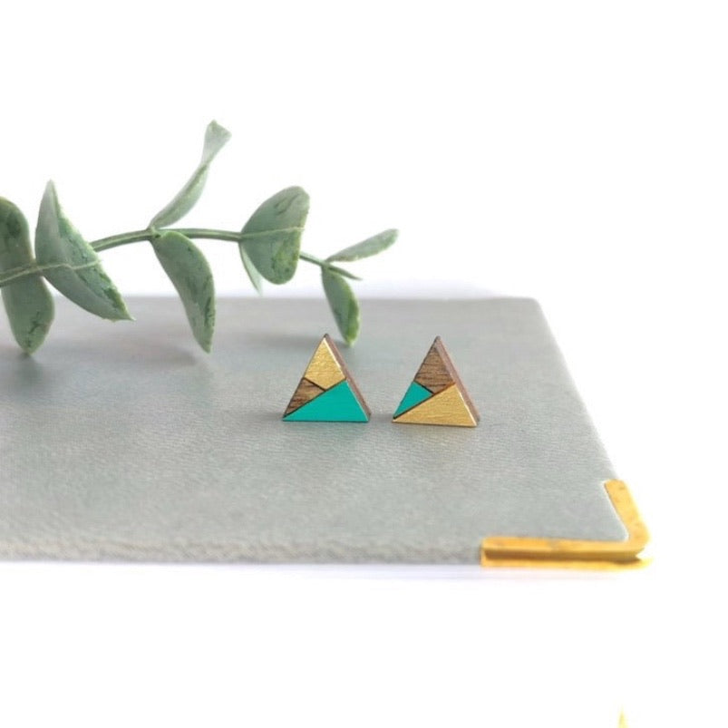 Triangle Wood Rose Gold & Teal Earrings